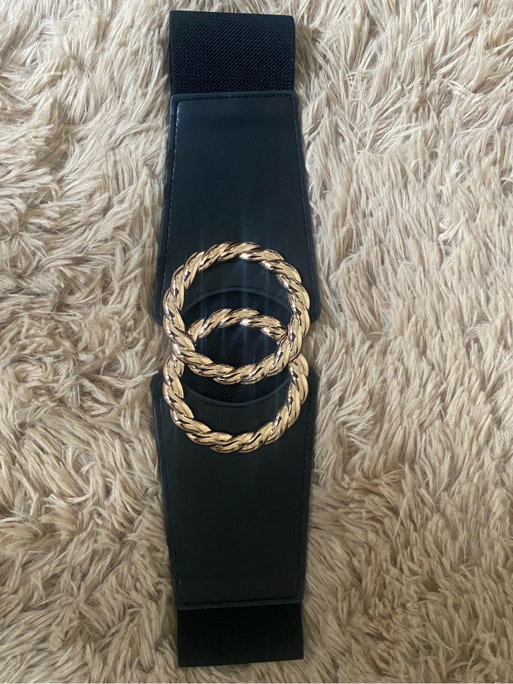 Black Elastic Waist Belt with Gold Double Ring Accent